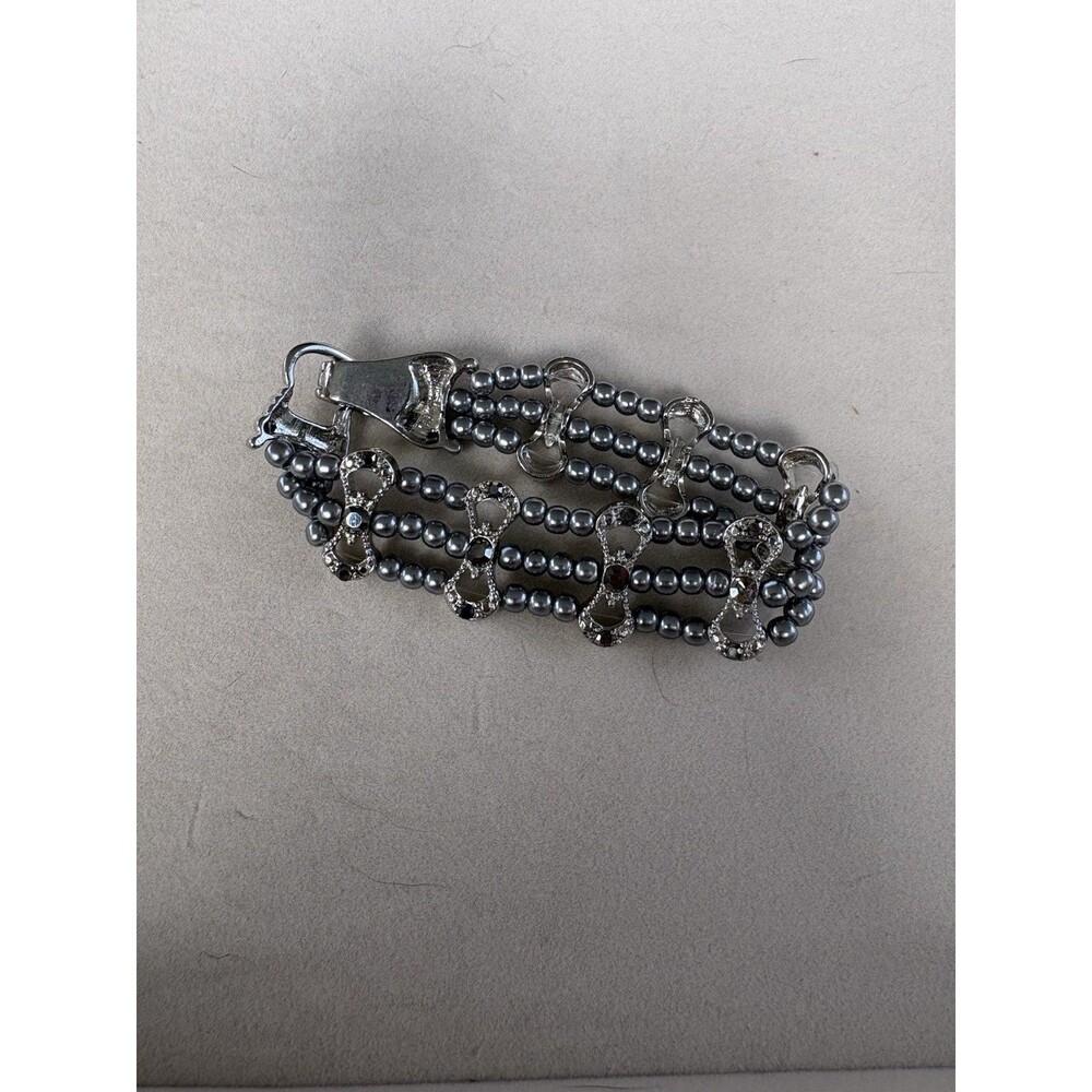 Vintage Silver Tone Multi-Strand Faux Pearl Bracelet Rhinestone Figure 8 Spacers